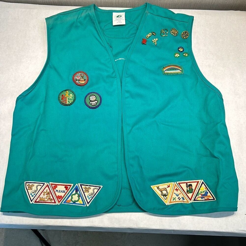 Vtg Girl Scouts Vest BADGES PINS Girls Sz XL Green Uniform 90s 1998 1999 Cookie
